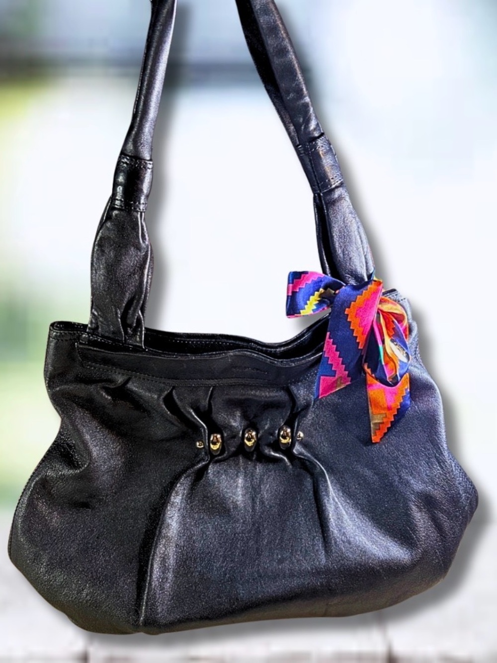 See By Chloe Black Leather Shoulder Bag with Colorful Scarf Accent